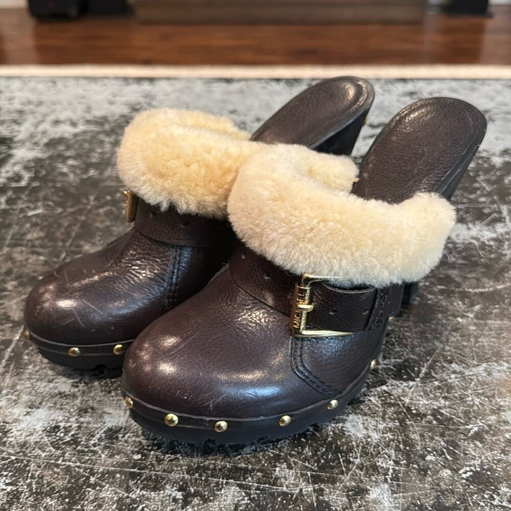 Michael Kors Black Leather and Shearling Heeled Clogs Size 7.5